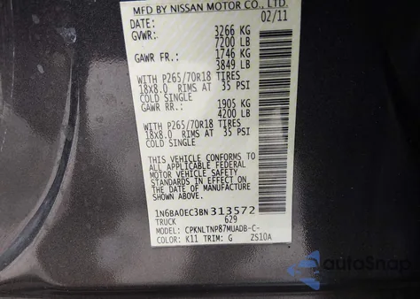 2011 Nissan Titan Sv from USA, damaged, VIN 1N6BA0EC3BN313572